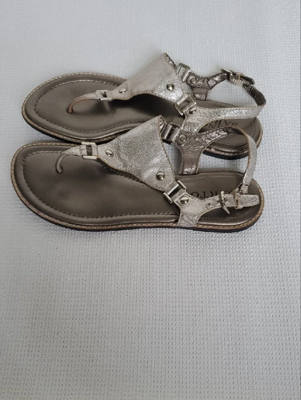 Franco Sarto Metallic Taupe Leather T-Strap Sandals
